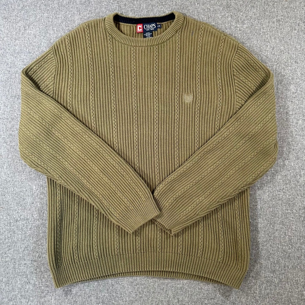 Chaps Mens Large Olive Green 100% Cotton‎ Ribbed Knit Crewneck Sweater L